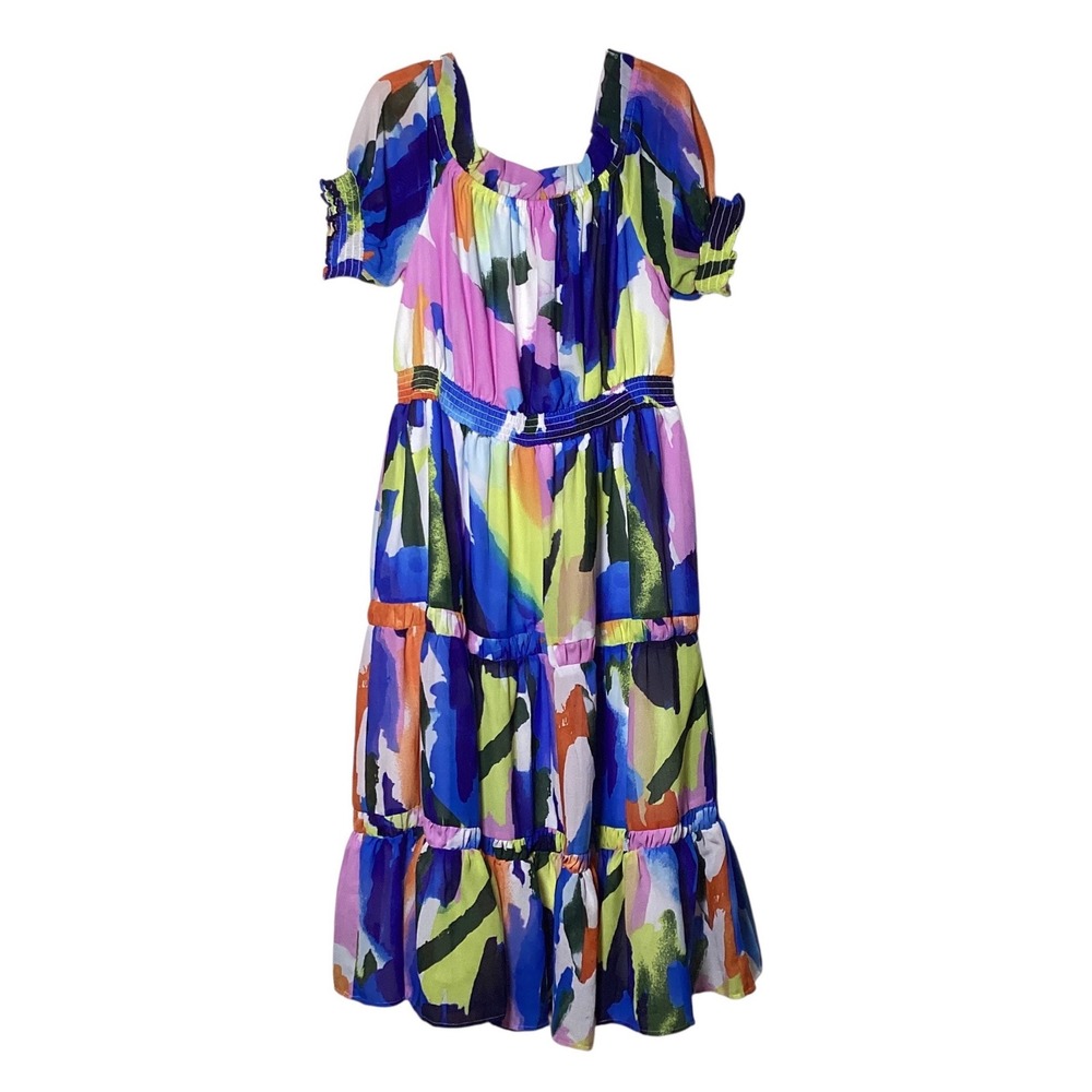 Her Destiny Size 2X Abstract Watercolor Dress Tiered Midi Women Boho Smocked